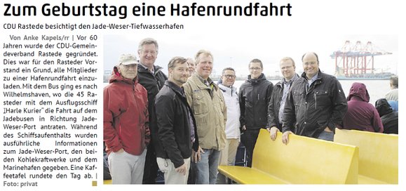 Bericht der Rasteder Rundschau über eine Hafenrundfahrt der Rasteder CDU. Auf dem Foto bin ich als 3. von links zu sehen.