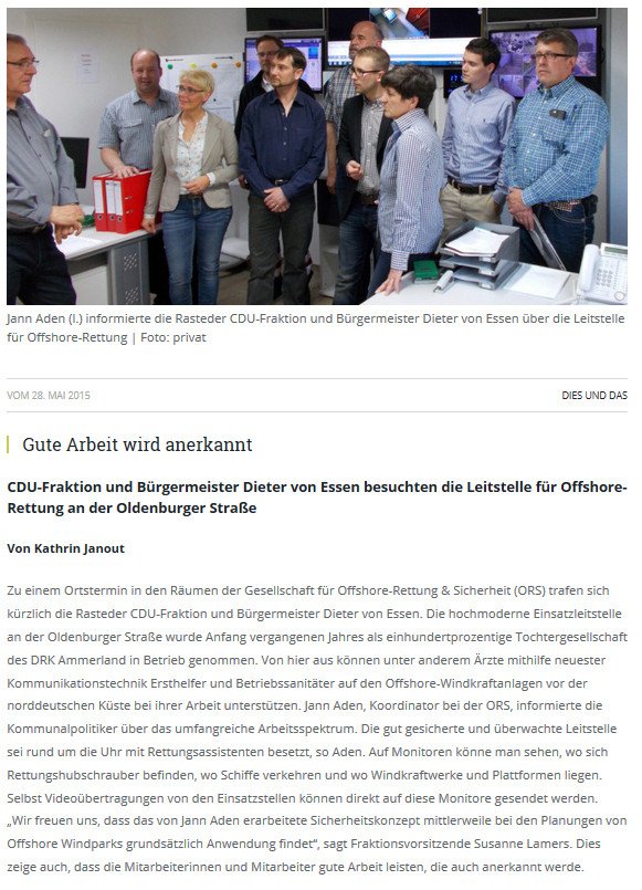 Artikel "Gute Arbeit wird anerkannt" aus Rasteder Rundschau vom 28.05.2015 betreffend dem Besuch der CDU-Ratsfraktion bei der Gesellschaft für Offshore-Rettung & Sicherheit (ORS) 